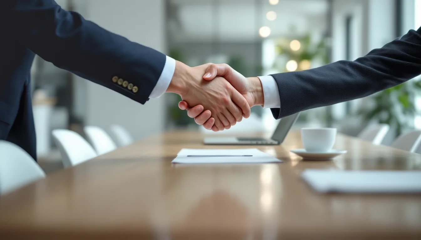 Argus 10-Year Commitment: two business partners shaking hands over a conference table to agree long-term Dynamics GP support