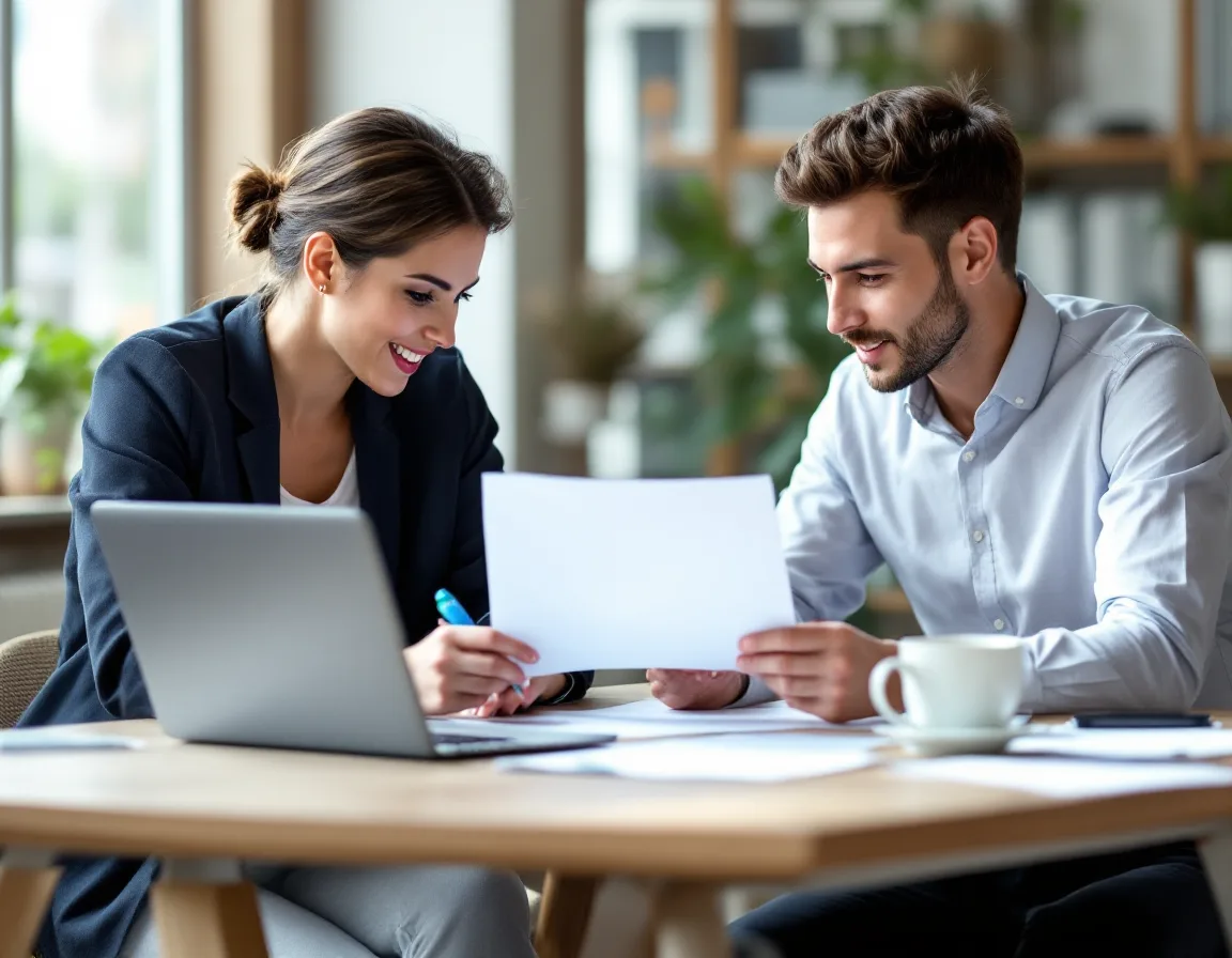 Two colleagues reviewing a printed support agreement to compare a Dynamics GP partner pledge