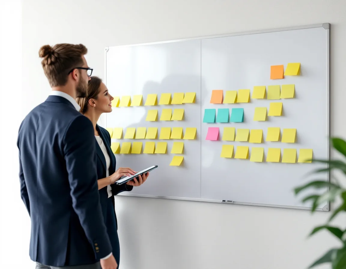Two colleagues planning a 90-day Dynamics GP partner transition at a sticky-note board