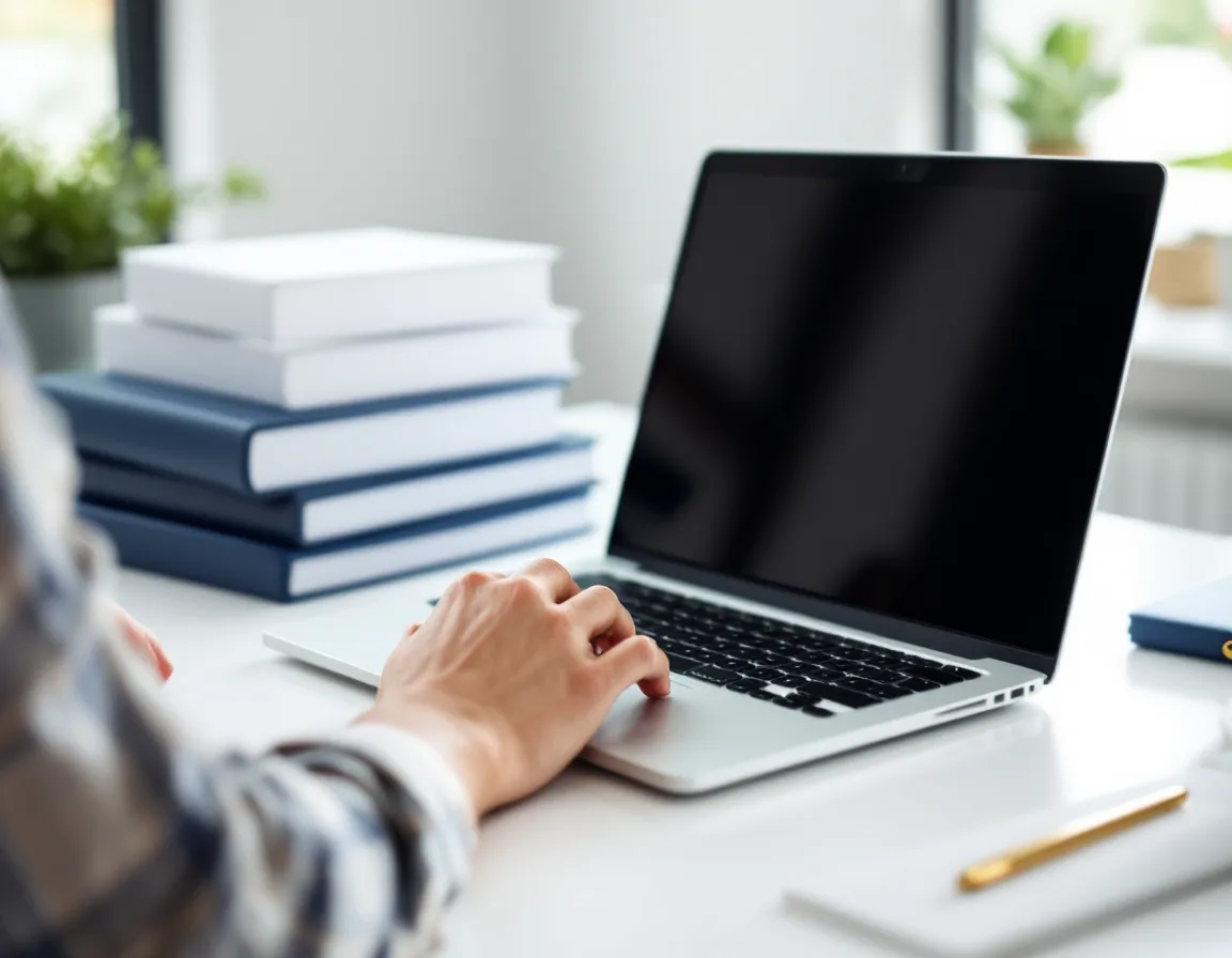 Payroll administrator at a laptop installing a Dynamics GP tax table update beside a stack of binders