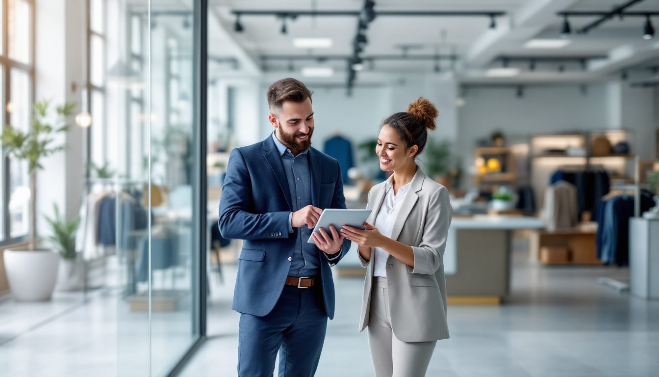 A retail operations manager and a Dynamics GP consultant reviewing multi-channel sales figures on a tablet, with the shop floor visible behind them