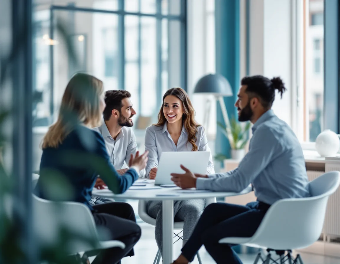 A finance team and their consultants agreeing project ownership around a meeting table