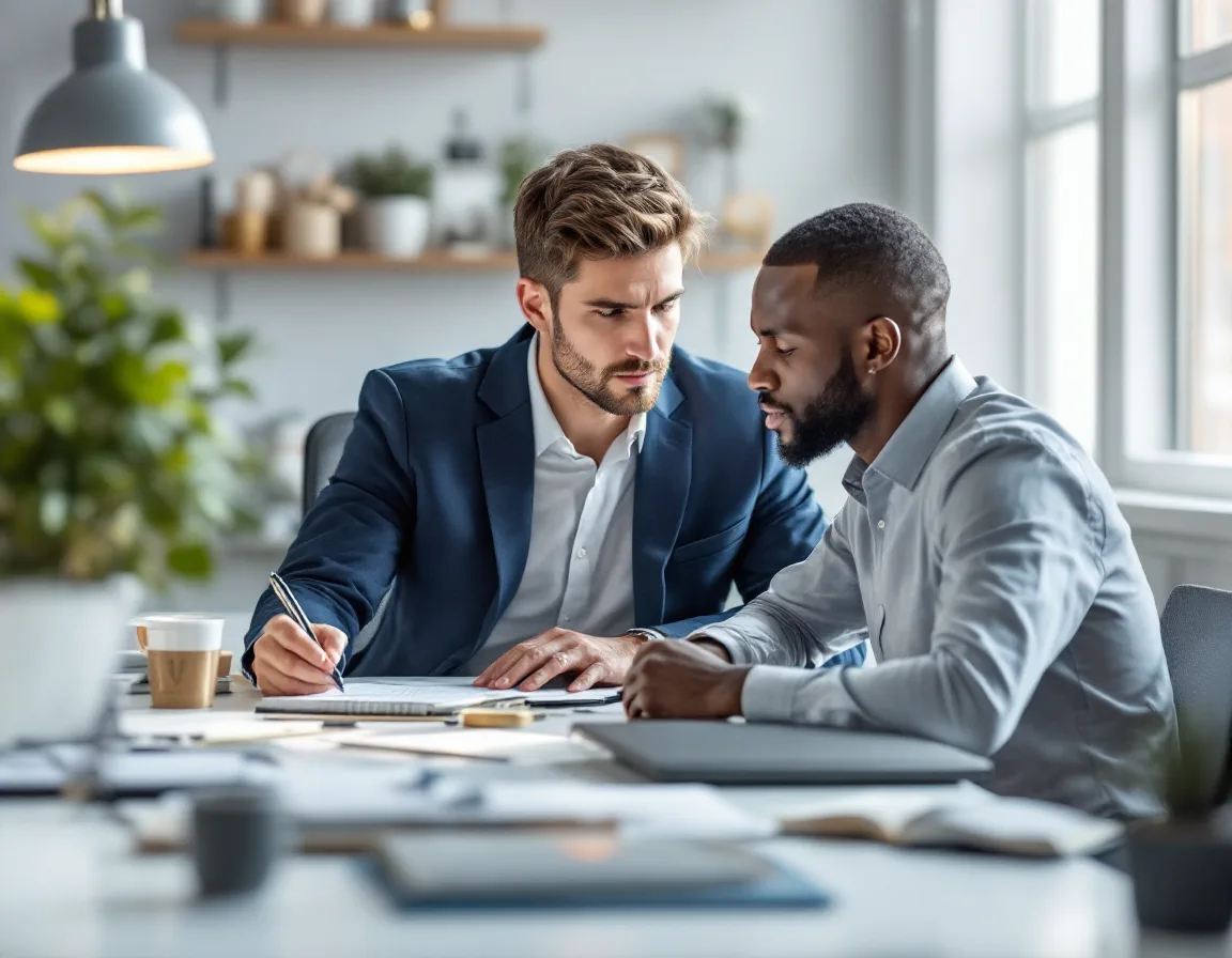 A Dynamics GP consultant and a client working through notes together at a desk